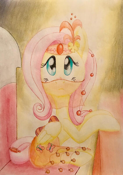 Size: 2057x2915 | Tagged: safe, artist:gracefulart693, derpibooru import, fluttershy, pegasus, pony, eyelashes, female, image, jpeg, mare, solo, traditional art, veil