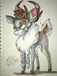 Size: 3072x4096 | Tagged: safe, derpibooru import, deer, reindeer, them's fightin' herds, 2023, community related, eyebrows, full body, image, jpeg, male, raised eyebrow, signature, smiling, solo, stronghoof hoofstrong, traditional art