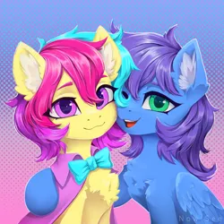 Size: 3000x3000 | Tagged: safe, artist:inowiseei, derpibooru import, oc, oc:cuihua, oc:nova twinkle, unofficial characters only, earth pony, pegasus, pony, bowtie, cloak, clothes, female, image, mare, png