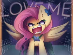 Size: 2350x1780 | Tagged: safe, artist:miryelis, derpibooru import, fluttershy, butterfly, insect, pegasus, pony, the best night ever, angry, big ears, clothes, dress, flower, flutterrage, image, long hair, png, redraw, screaming, solo, spread wings, standing, text, wings, you're going to love me