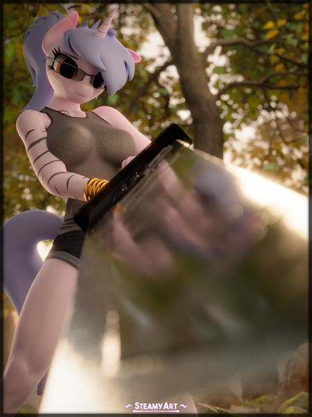 Size: 2880x3840 | Tagged: safe, artist:phenioxflame, derpibooru import, oc, oc:steamy, anthro, unicorn, anthro oc, buster sword, giant sword, image, looking at you, png, solo, sword, weapon