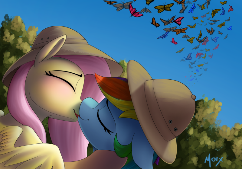 Size: 5000x3500 | Tagged: safe, artist:supermoix, derpibooru import, fluttershy, rainbow dash, butterfly, insect, pegasus, pony, blushing, commission, cute, eyes closed, female, flutterdash, image, kissing, lesbian, png, shipping