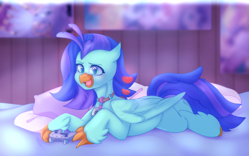 Size: 3200x2011 | Tagged: safe, artist:cofiiclouds, derpibooru import, oc, oc:sea lilly, unofficial characters only, classical hippogriff, hippogriff, camera, commission, controller, image, jewelry, lying down, necklace, pillow, png, prone, room, ych result