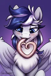 Size: 2000x3000 | Tagged: safe, artist:jedayskayvoker, derpibooru import, oc, oc:onyx diamond, pegasus, pony, big pony, blue eyes, blushing, cheek fluff, chest fluff, chin fluff, ear fluff, fluffy, folded wings, giant pony, gradient background, image, large wings, long tongue, looking at you, macro, male, pegasus oc, png, solo, stallion, tongue out, wings