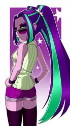 Size: 1100x2000 | Tagged: safe, artist:nekojackun, derpibooru import, aria blaze, equestria girls, arse-ia blaze, bare shoulders, clothes, eyebrows, female, hand on hip, image, looking at you, looking back, looking back at you, png, raised eyebrow, shorts, sleeveless, socks, solo, sunglasses, thigh highs, vest