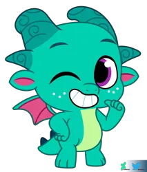Size: 5500x6460 | Tagged: safe, artist:kuren247, derpibooru import, sparky sparkeroni, dragon, my little pony: tell your tale, baby, baby dragon, bean mouth, freckles, g5, hand on hip, image, looking at you, male, one eye closed, png, show accurate, smiling, smiling at you, solo, thumbs up, vector, wings, wink, winking at you