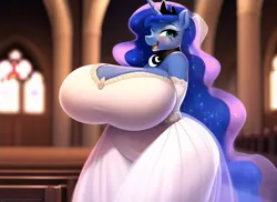 Size: 704x512 | Tagged: suggestive, derpibooru import, machine learning generated, princess luna, big breasts, breasts, clothes, dress, happy, huge breasts, image, marriage, png, wedding, wedding dress