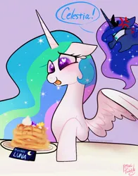 Size: 1074x1368 | Tagged: safe, artist:petaltwinkle, derpibooru import, princess celestia, princess luna, alicorn, pony, duo, food, image, jpeg, open mouth, pancakes, spread wings, text, tongue out, whipped cream, wings