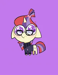 Size: 1074x1368 | Tagged: safe, artist:petaltwinkle, derpibooru import, moondancer, pony, unicorn, chibi, clothes, cutie mark eyes, floppy ears, frown, glasses, image, jpeg, purple background, simple background, solo, sweater, teary eyes, wingding eyes