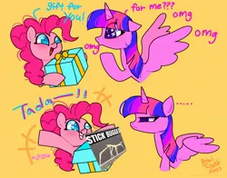 Size: 1368x1074 | Tagged: safe, artist:petaltwinkle, derpibooru import, pinkie pie, twilight sparkle, twilight sparkle (alicorn), alicorn, earth pony, pony, duo, frown, get stick bugged lol, image, jpeg, open mouth, prank, smiling, spread wings, text, wings
