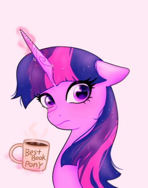 Size: 1074x1368 | Tagged: safe, artist:petaltwinkle, derpibooru import, twilight sparkle, pony, unicorn, bust, coffee, image, jpeg, magic, simple background, solo, text, white background