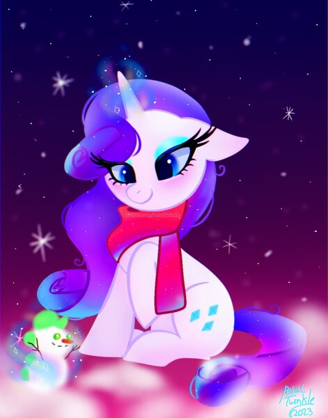 Size: 1074x1368 | Tagged: safe, artist:petaltwinkle, derpibooru import, rarity, pony, unicorn, clothes, image, jpeg, magic, scarf, sitting, smiling, snow, snowfall, snowman, solo