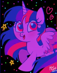 Size: 1074x1368 | Tagged: safe, artist:petaltwinkle, derpibooru import, twilight sparkle, twilight sparkle (alicorn), alicorn, pony, black background, chibi, heart, image, jpeg, simple background, smiling, solo, spread wings, wings