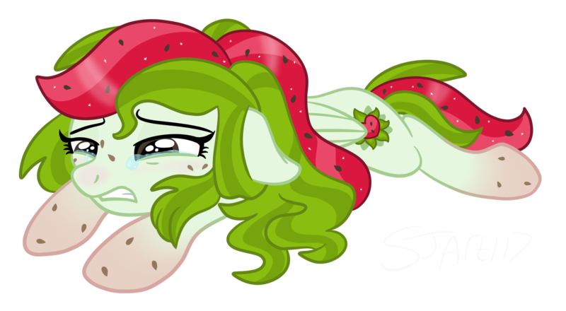 Size: 3768x2074 | Tagged: safe, artist:sjart117, derpibooru import, oc, oc:watermelana, unofficial characters only, pegasus, pony, crying, female, floppy ears, freckles, gradient hooves, gritted teeth, image, lying down, mare, pegasus oc, png, prone, red nose, sad, simple background, solo, teary eyes, teeth, transparent background, wings