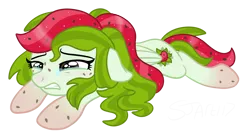 Size: 3768x2074 | Tagged: safe, artist:sjart117, derpibooru import, oc, oc:watermelana, unofficial characters only, pegasus, pony, crying, female, floppy ears, freckles, gradient hooves, gritted teeth, image, lying down, mare, pegasus oc, png, prone, red nose, sad, simple background, solo, teary eyes, teeth, transparent background, wings