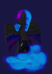 Size: 2744x3865 | Tagged: safe, artist:iron curtain, derpibooru import, nightmare moon, alicorn, pony, blue background, image, jpeg, rear view, simple background, solo, spread wings, wings
