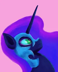 Size: 1706x2122 | Tagged: safe, artist:iron curtain, derpibooru import, nightmare moon, alicorn, pony, image, jpeg, looking up, pink background, simple background, solo