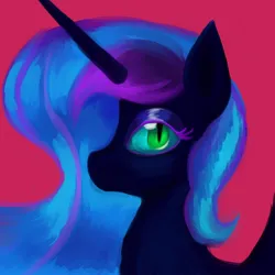 Size: 1000x1000 | Tagged: safe, artist:iron curtain, derpibooru import, nightmare moon, alicorn, pony, bust, image, jpeg, looking at you, pink background, side view, simple background, solo