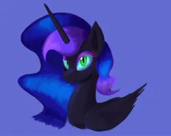Size: 2228x1776 | Tagged: safe, artist:iron curtain, derpibooru import, nightmare moon, alicorn, pony, bust, folded wings, image, jpeg, looking at you, simple background, smiling, solo, wings