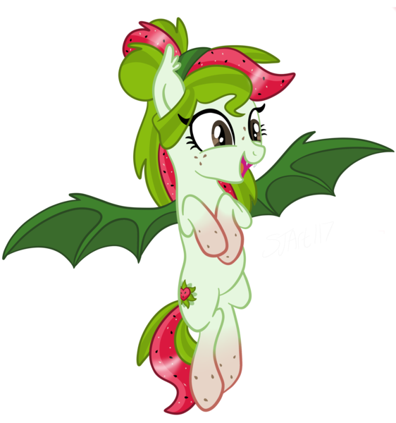 Size: 3836x4096 | Tagged: safe, artist:sjart117, derpibooru import, oc, oc:watermelana, unofficial characters only, bat pony, pony, cute, cute little fangs, fangs, female, flying, freckles, gradient hooves, image, mare, open mouth, png, simple background, smiling, solo, species swap, transparent background