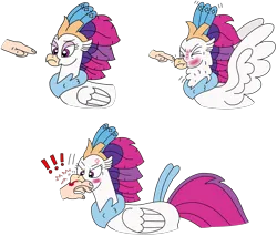 Size: 2686x2287 | Tagged: safe, artist:supahdonarudo, derpibooru import, queen novo, classical hippogriff, hippogriff, my little pony: the movie, angry, beak, behaving like a bird, biting, blushing, boop, bruised, cross-popping veins, disembodied hand, emanata, exclamation point, female, hand, image, neck fluff, nom, ouch, png, queen novo is not amused, scrunchy face, simple background, spread wings, this ended in pain, transparent background, unamused, wings