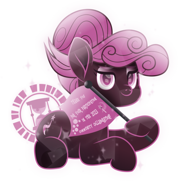 Size: 1394x1420 | Tagged: safe, artist:lincolnbrewsterfan, derpibooru import, oc, oc:ms. collabooru, ponified, unofficial characters only, crystal pony, earth pony, pony, derpibooru, the cutie re-mark, the gift of the maud pie, .svg available, anniversary, big eyelashes, colored eyebrows, colored pupils, compliment, congratulations, crystal pony oc, curly mane, cutie mark, derpibooru exclusive, derpibooru ponified, derpy's cutie mark, disconnected tail, equestria (font), eyeshadow, flag, flag pole, gift art, hair bun, highlights, holding, hoof heart, hourglass, image, inkscape, inverted, inverted colors, long eyelashes, looking at you, lying down, makeup, meta, meta:derpibooru community collaboration, mismatched tail, movie accurate, pink, pink eyes, pink mane, png, ponyloaf, prone, proud, shading, smiling, smiling at you, sparkles, stars, tail, text, thank you, thanks, time vortex, translucent, transparent tail, trixie's cutie mark, underhoof, vector