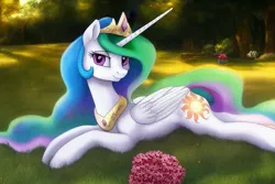 Size: 1920x1280 | Tagged: safe, derpibooru import, editor:dovakkins, machine learning generated, stable diffusion, princess celestia, alicorn, pony, female, flower, forest, forest background, grass, image, jewelry, looking at you, lying down, mare, peytral, png, prone, smiling, smiling at you, solo, sparkly mane, sparkly tail, tail, tree