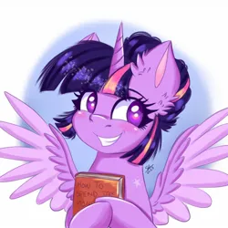 Size: 1280x1280 | Tagged: safe, artist:galaxy swirl, derpibooru import, twilight sparkle, twilight sparkle (alicorn), alicorn, pony, book, female, grin, image, jpeg, mare, smiling, solo