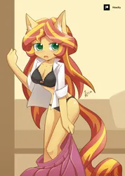 Size: 711x1000 | Tagged: suggestive, artist:howxu, derpibooru import, sunset shimmer, anthro, equestria girls, 2021, bed, bedroom, belly button, bra, breasts, busty sunset shimmer, cleavage, clothes, dilated pupils, doorway, eyebrows, eyebrows visible through hair, female, flushed face, image, jpeg, lingerie, long mane, long tail, looking offscreen, old art, open mouth, panties, patreon, patreon logo, patreon reward, rolled up sleeves, shirt, signature, simple background, skirt, solo, solo female, tail, underwear, undressing