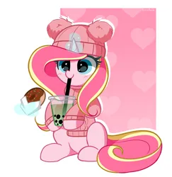 Size: 2572x2648 | Tagged: safe, artist:kittyrosie, derpibooru import, oc, oc:rosa flame, unofficial characters only, pony, unicorn, abstract background, boba, bubble tea, clothes, donut, drinking, food, glow, glowing horn, horn, image, png, simple background, sweater