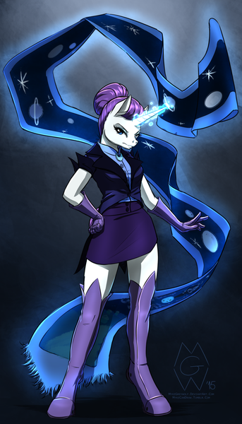 Size: 1024x1792 | Tagged: safe, artist:mykegreywolf, derpibooru import, rarity, anthro, unguligrade anthro, the cutie re-mark, alternate hairstyle, alternate timeline, boots, clothes, female, g4, gloves, glow, glowing horn, hand on hip, high res, horn, image, night maid rarity, nightmare takeover timeline, png, shoes, skirt, socks, solo, tailcoat, tapestry, thigh highs, vest, zettai ryouiki