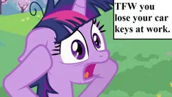 Size: 993x559 | Tagged: safe, derpibooru import, edit, edited screencap, screencap, twilight sparkle, lesson zero, caption, image, messy mane, png, text, tfw, twilight snapple