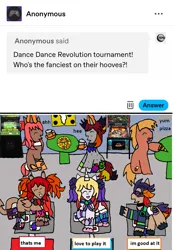 Size: 1171x1691 | Tagged: safe, artist:ask-luciavampire, derpibooru import, oc, earth pony, pony, succubus, unicorn, arcade, ask, dance dance revolution, dancing, food, image, pizza, png, tumblr
