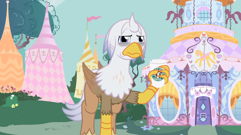 Size: 1280x720 | Tagged: safe, artist:mlp-silver-quill, derpibooru import, oc, oc:silver quill, hippogriff, after the fact, after the fact:inspiration manifestation, carousel boutique, coffee cup, cup, hangover, headache, hippogriff oc, image, png, ponyville, starebucks