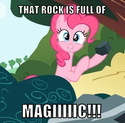 Size: 578x568 | Tagged: safe, derpibooru import, edit, edited screencap, editor:twi clown, screencap, pinkie pie, earth pony, pony, caption, cropped, demo mesa, female, image, image macro, mare, png, rock, text