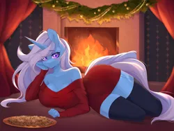 Size: 3049x2310 | Tagged: suggestive, artist:u_lu_lu, derpibooru import, trixie, anthro, big breasts, breasts, busty trixie, clothes, cookie, female, fireplace, food, image, looking at you, png, socks, solo, solo female, sweater, sweater dress, thigh highs, thighs