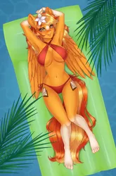 Size: 845x1280 | Tagged: suggestive, artist:winnigrette, derpibooru import, oc, oc:serenity, unofficial characters only, anthro, pegasus, plantigrade anthro, arm behind head, armpits, beach, belly button, blushing, breasts, commission, digital art, female, flower, flower in hair, image, jpeg, sexy, solo, tail, thighs, wide hips, wings, ych result