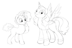 Size: 3400x2300 | Tagged: safe, artist:wownamesarehard, derpibooru import, alicorn, pony, unicorn, g5, my little pony: make your mark, my little pony: make your mark chapter 2, spoiler:g5, spoiler:my little pony: make your mark chapter 2, blank flank, derpibooru exclusive, drinking, duo, female, image, mare, misty brightdawn, monochrome, opaline arcana, png, simple background, sketch, smoothie, white background