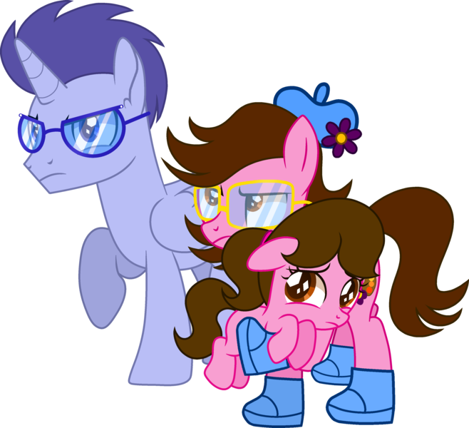 Size: 3489x3183 | Tagged: safe, artist:kittypainty, artist:tanahgrogot, derpibooru import, oc, oc:enrique zuniga jr, oc:madison, oc:tiffany fisher, unofficial characters only, alicorn, earth pony, pony, derpibooru community collaboration, 2023 community collab, alicorn oc, angry, base used, clothes, earth pony oc, female, filly, floppy ears, flower, foal, glasses, hat, horn, image, male, mare, medibang paint, mother and father, png, ponytail, sad, shoes, simple background, stallion, transparent background, trio, wings