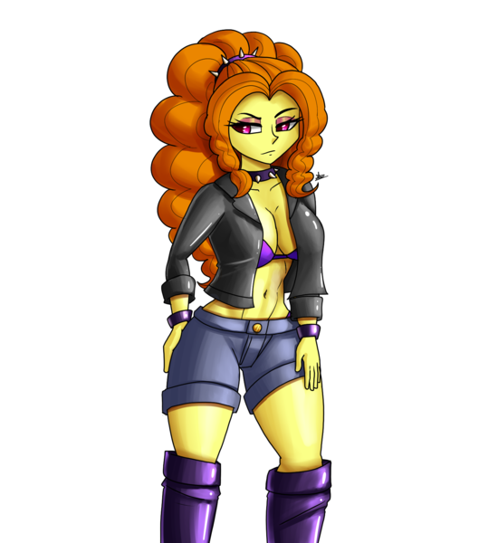 Size: 1500x1700 | Tagged: suggestive, artist:zachc, derpibooru import, adagio dazzle, equestria girls, bra, breasts, choker, clothes, denim, denim shorts, female, hand on hip, image, jacket, leather, leather jacket, png, shorts, simple background, solo, spiked choker, underwear, white background