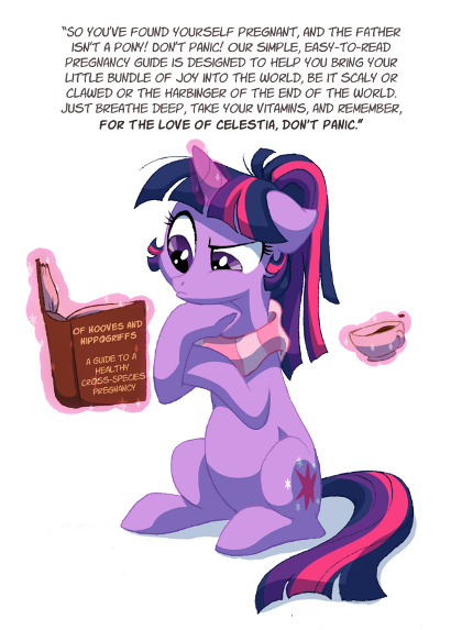 Size: 420x573 | Tagged: safe, artist:lopoddity, banned from derpibooru, edit, discord, twilight sparkle, pony, unicorn, pandoraverse, alternate hairstyle, book, clothes, cup, discolight, female, floppy ears, food, frown, image, implied discord, implied interspecies, magic, male, mama twilight, mare, older, png, pregnant, reading, scarf, shipping, solo, straight, tea, teacup, thinking
