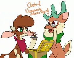 Size: 3000x2336 | Tagged: safe, artist:mrneo, derpibooru import, cashmere (tfh), cow, deer, reindeer, them's fightin' herds, arizona (tfh), clothes, cloven hooves, community related, figurine, glasses, image, jpeg, loot box, scarf