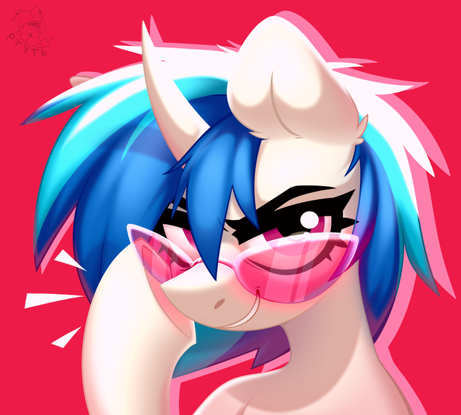 Size: 3000x2700 | Tagged: safe, artist:rtootb, derpibooru import, vinyl scratch, pony, unicorn, 2023, big eyes, blue mane, bust, cute, digital art, ear fluff, female, g4, glasses, icon, image, looking at you, looking forward, mare, pink eyes, png, portrait, red background, red eyes, shading, simple background, smiling, solo, sunglasses, vinyl's glasses, white body, white fur