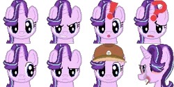 Size: 384x192 | Tagged: safe, artist:scootaloormayfly, derpibooru import, starlight glimmer, pony, unicorn, angry, confused, drugs, equal sign, exclamation point, happy, hat, image, looking at you, marijuana, multeity, pixel art, png, question mark, rpg maker, rpg maker vx ace, simple background, small resolution, smoking, solo, sprite, surprised, transparent background