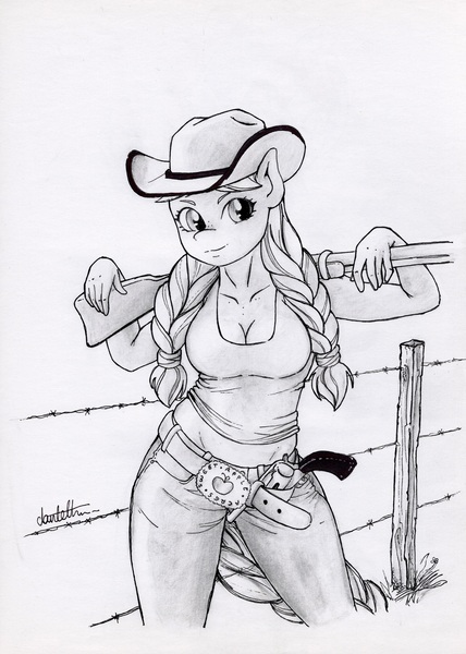 Size: 2896x4064 | Tagged: safe, artist:dantethehuman, derpibooru import, granny smith, anthro, clothes, denim, fence, gun, handgun, image, jeans, jpeg, monochrome, pants, revolver, rifle, shirt, signature, solo, traditional art, weapon, young granny smith, younger