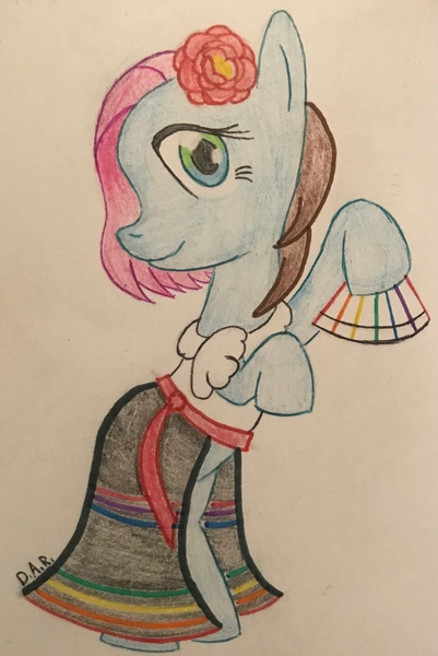 Size: 2088x3124 | Tagged: safe, artist:gracefulart693, derpibooru import, oc, earth pony, pony, clothes, dress, earth pony oc, eyelashes, fan, flower, flower in hair, hoof hold, image, jpeg, smiling, solo, traditional art