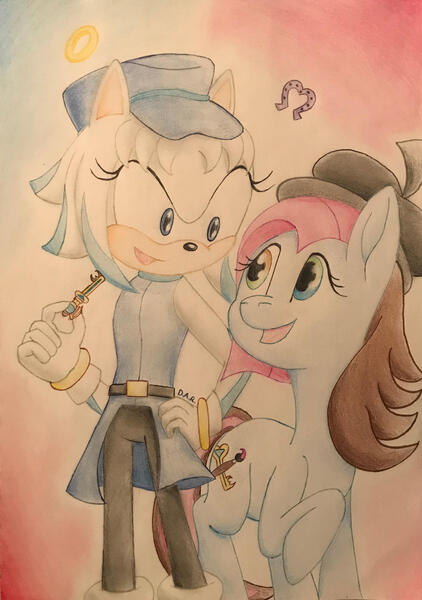 Size: 2053x2922 | Tagged: safe, artist:gracefulart693, derpibooru import, oc, unofficial characters only, earth pony, pony, beret, duo, earth pony oc, hat, image, jpeg, sonic the hedgehog (series), traditional art