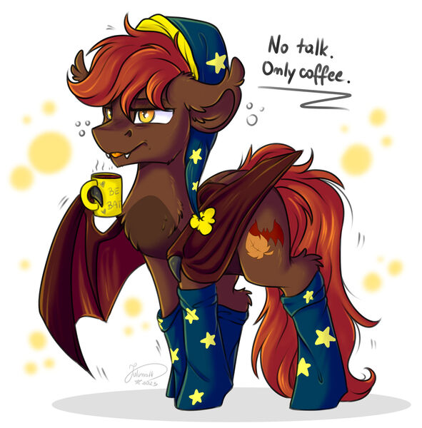 Size: 1920x1950 | Tagged: safe, artist:julunis14, derpibooru import, oc, unofficial characters only, bat pony, pony, bat pony oc, bat wings, chest fluff, clothes, hat, image, jpeg, nightcap, socks, solo, wing hands, wings