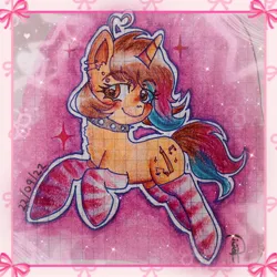 Size: 1960x1960 | Tagged: safe, artist:loohisgod27, derpibooru import, oc, unofficial characters only, pony, unicorn, blushing, choker, ear piercing, earring, eyelashes, female, horn, image, jewelry, jpeg, mare, piercing, smiling, solo, spiked choker, traditional art, unicorn oc