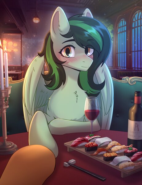 Size: 1565x2039 | Tagged: safe, artist:glumarkoj, derpibooru import, oc, oc:eden shallowleaf, oc:windflyer, unofficial characters only, pegasus, alcohol, candle, commission, commissioner:rainbowdash69, food, glass, image, jpeg, meat, pegasus oc, ponies eating meat, ponies eating seafood, restaurant, seafood, sushi, wine, wine glass, wings
